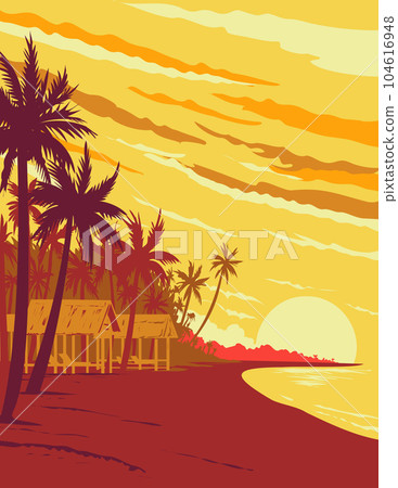 Beach in Phu Quoc Island During Sunset in Kien Giang Province Vietnam WPA Art Deco Poster Beach in Phu Quoc Island During Sunset in Kien Giang Province Vietnam WPA Art Deco Poster 104616948