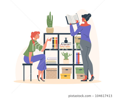 Vector isolated illustration of two pretty girls near wardrobe, rack with books, plants and boxes, reading book, sitting on chair Vector isolated illustration of two pretty girls near wardrobe, rack with books, plants and boxes, reading book, sitting on chair 104617413