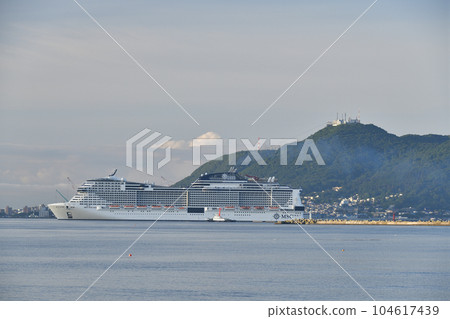 Photographing the scenery of the cruise ship MSC Bellissima calling at Hakodate Port, Hakodate City, Hokkaido in summer 104617439