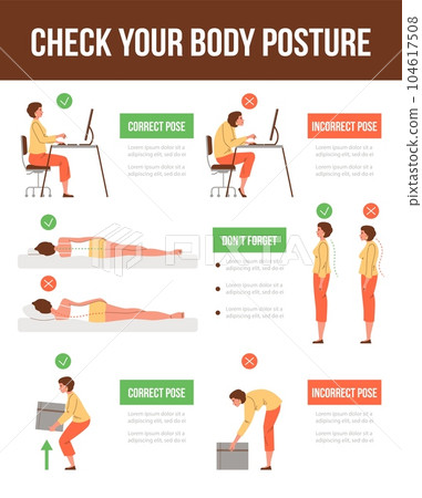 Infographic about checking body posture flat style, vector illustration 104617508
