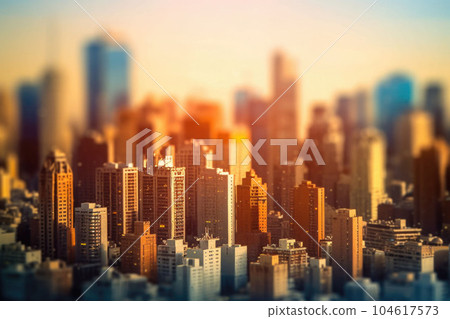 Tilt shift blur effect. Abstract futuristic cityscape with modern skyscrapers. Generative AI 104617573
