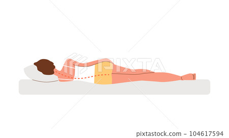 Vector isolated illustration of woman lies on her side, the neck and spine are curve, rear view, Incorrect posture of the back 104617594