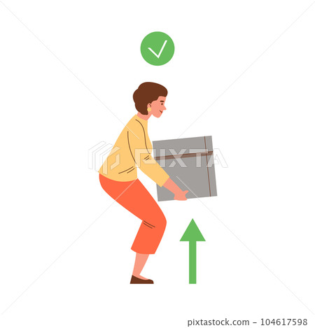 Vector isolated illustration of woman bent down to pick up the heavy box, Correct posture neck, back. Posture rules instruction, right sign Vector isolated illustration of woman bent down to pick up the heavy box, Correct posture neck, back. Posture rules instruction, right sign 104617598