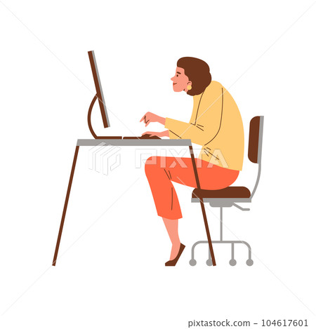 Smiling woman sitting slumped at computer flat style, vector illustration 104617601