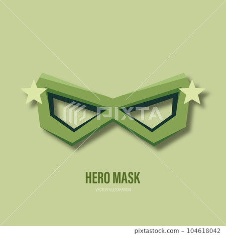 Vector Green Super Hero Mask in Flat Style on Green Background. Face Character, Superhero Comic Book Mask Design Template. Superhero Carnival Glasses, Front View 104618042