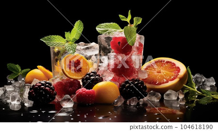 Frozen fruits in a transparent ice cube 104618190