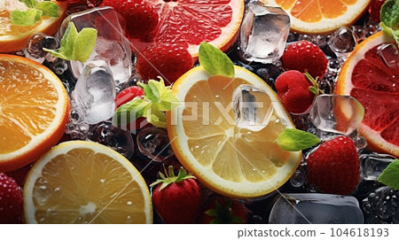 Frozen fruits in a transparent ice cube 104618193