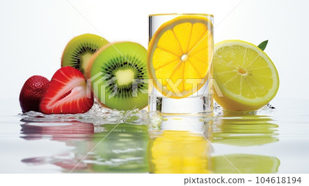 Frozen fruits in a transparent ice cube Frozen fruits in a transparent ice cube 104618194