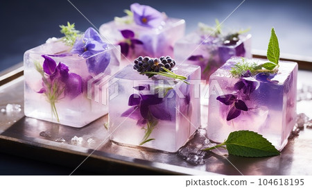 Frozen fruits in a transparent ice cube 104618195