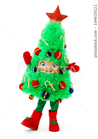 a man in a Christmas tree costume on a white background. a man in a Christmas tree costume on a white background. 104619121