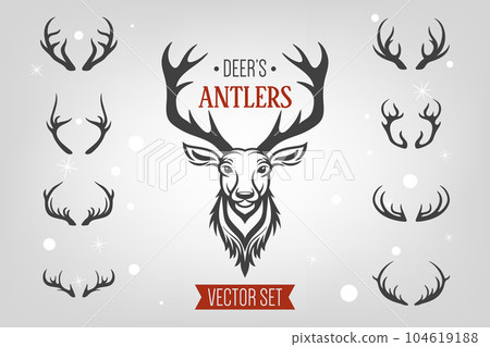 Vector Christmas Reindeer Horns, Antlers. Deer Horn Silhouettes. Hand Drawn Deers Horn, Antler Set. Animal Antler Collection. Design Elements of Deer. Wildlife Hunters, Hipster, Christmas Concept 104619188
