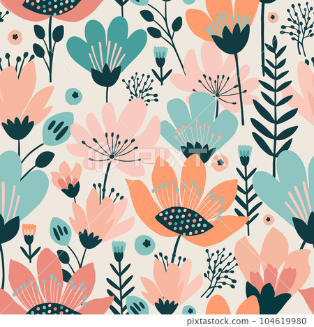 Seamless vector pattern with colorful flowers in a flat style on a light background. 104619980