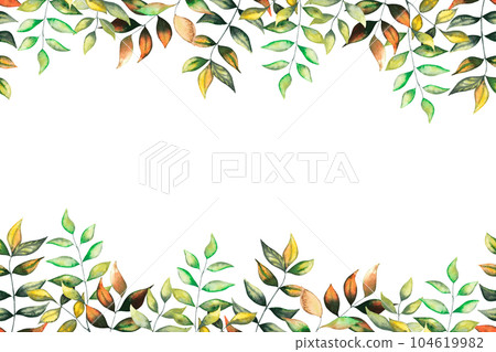 Seamless border on both sides with watercolor autumn wild forest leaves and blueberry herbs hand drawn illustration on white background. Pattern for the design of business cards, price tags, postcards Seamless border on both sides with watercolor autumn wild forest leaves and blueberry herbs hand drawn illustration on white background. Pattern for the design of business cards, price tags, postcards 104619982