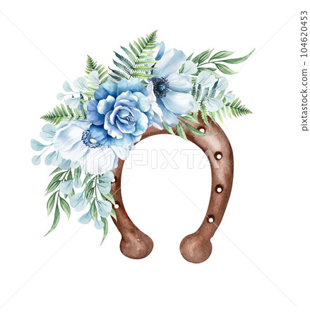 Watercolor floral horse shoe. Western horse shoe with blue flowers. Farmhouse ructick wedding. Watercolor floral horse shoe. Western horse shoe with blue flowers. Farmhouse ructick wedding. 104620453