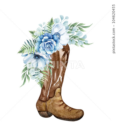 Watercolor floral cowboy boot. Western boots with blue flowers. Farmhouse ructick wedding. 104620455