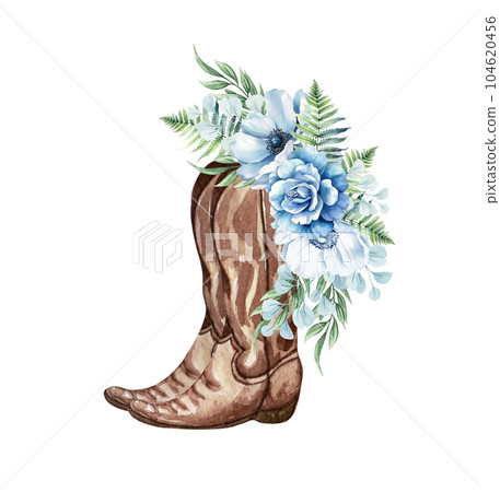 Watercolor floral cowboy boot. Western boots with blue flowers. Farmhouse ructick wedding. Watercolor floral cowboy boot. Western boots with blue flowers. Farmhouse ructick wedding. 104620456