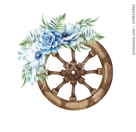 Watercolor floral wooden wheel. Western wheel with blue flowers. Farmhouse ructick wedding. Watercolor floral wooden wheel. Western wheel with blue flowers. Farmhouse ructick wedding. 104620462
