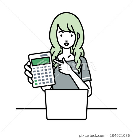 A woman who sits at a desk, opens a laptop, points to a calculator, and shows it towards us. 104621086