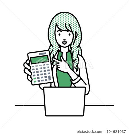 A woman in a jacket sitting at her desk with her laptop open and pointing at a calculator pointing at you A woman in a jacket sitting at her desk with her laptop open and pointing at a calculator pointing at you 104621087