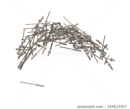 Blind Rivet nail fly in air. Many bulk blind rivet group float up over white background isolated. Rivet for industry used as meterial hardware tool to joint part metallic repair fix Blind Rivet nail fly in air. Many bulk blind rivet group float up over white background isolated. Rivet for industry used as meterial hardware tool to joint part metallic repair fix 104623957