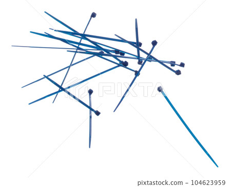 Plastic Cable tie in blue to hold cable together or wrap around things for electrician, maintenance, repair man. Close up Plastic Cable tie small size, white background isolated Plastic Cable tie in blue to hold cable together or wrap around things for electrician, maintenance, repair man. Close up Plastic Cable tie small size, white background isolated 104623959
