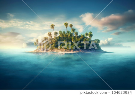 Lone small tropical island with palm trees surrounded sea blue water 104623984