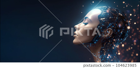 Banner with futuristic robot on dark background, AI android as woman 104623985