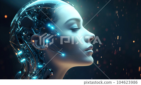 Futuristic robot with lights on dark background, AI android as woman 104623986