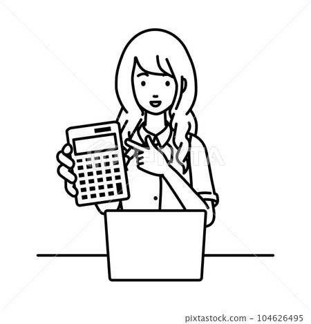 A woman in a clerk uniform sitting at her desk, opening her laptop, pointing at a calculator, and showing it to me A woman in a clerk uniform sitting at her desk, opening her laptop, pointing at a calculator, and showing it to me 104626495