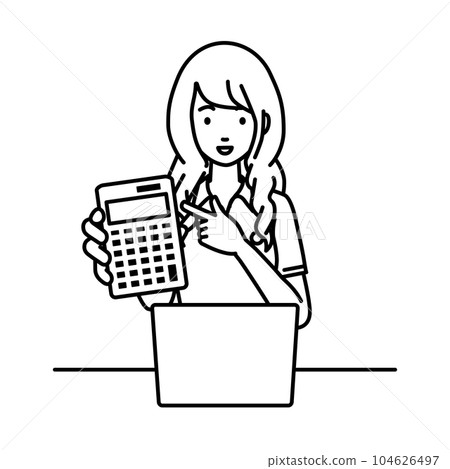 A woman in a polo shirt sitting at her desk with her laptop open and pointing at a calculator pointing at you A woman in a polo shirt sitting at her desk with her laptop open and pointing at a calculator pointing at you 104626497