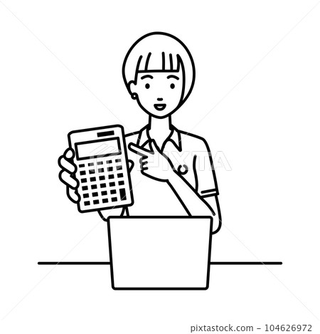 A woman in a polo shirt sitting at her desk with her laptop open and pointing at a calculator pointing at you 104626972