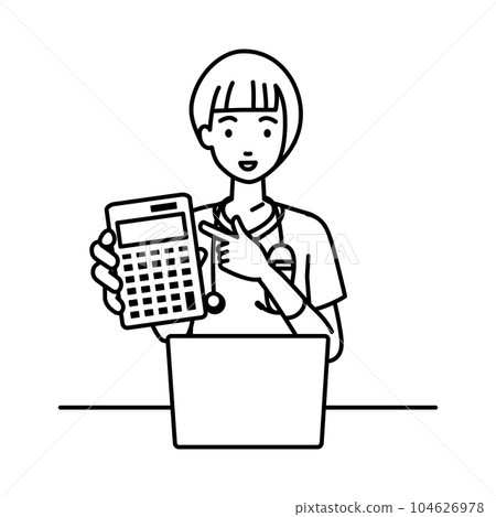 A female nurse sitting at her desk, opening her laptop, pointing at a calculator and showing it to us A female nurse sitting at her desk, opening her laptop, pointing at a calculator and showing it to us 104626978