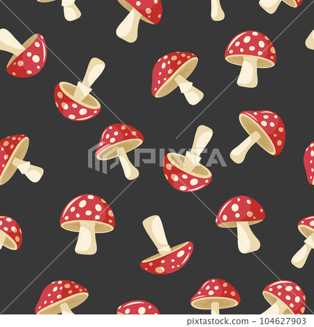 Vector Seamless Pattern with Hand Drawn Cartoon Flat Mushrooms on Black Background. Amanita Muscaria, Fly Agaric Illustration, Mushrooms Collection. Magic Mushroom Symbol, Design Template 104627903