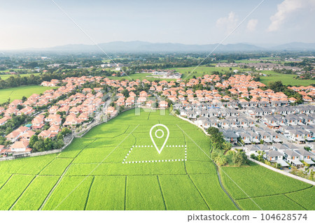 Land plot and identify registration symbol in aerial view. Land plot and identify registration symbol in aerial view. 104628574