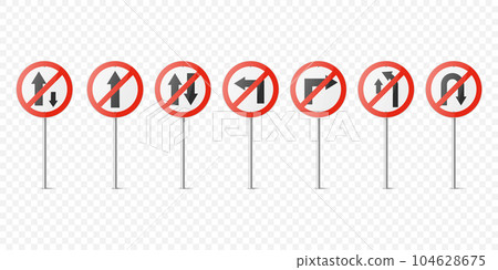 Vector Red and White Round Prohibition Traffic Sign with Arrow Icon Set Isolated. One Way, No Straight Ahead, Vehicles, Turn, Overtaking, U-Turn Traffic Road Plate, Sign Design Templates 104628675