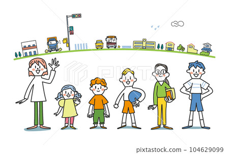 精力充沛的1至6年級小學生及學校路線設置插畫素材 104629099
