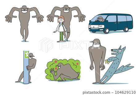 Suspicious person lurking on the school route set illustration material Suspicious person lurking on the school route set illustration material 104629110