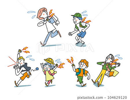 用逃生防盜蜂鳴器警告危險的小學生設置插圖素材 用逃生防盜蜂鳴器警告危險的小學生設置插圖素材 104629120