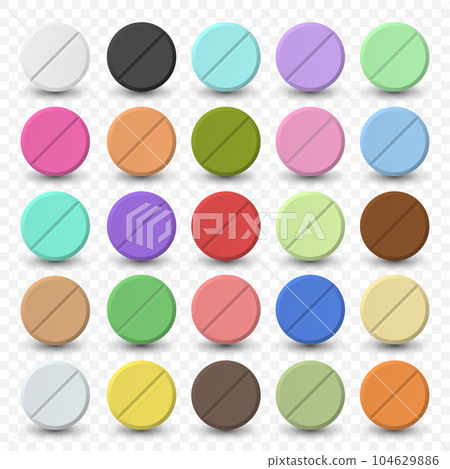 Vector Realistic Round Pharmaceutical Medical Pills, Tablets, Vitamins, Capsule Set Closeup Isolated. Pills Design Template, Collection. Front View. Medicine, Health Concept Vector Realistic Round Pharmaceutical Medical Pills, Tablets, Vitamins, Capsule Set Closeup Isolated. Pills Design Template, Collection. Front View. Medicine, Health Concept 104629886