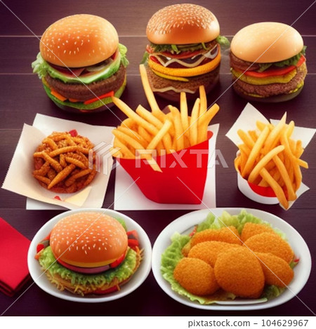 辦公桌上的美味快餐漢堡和薯條 104629967