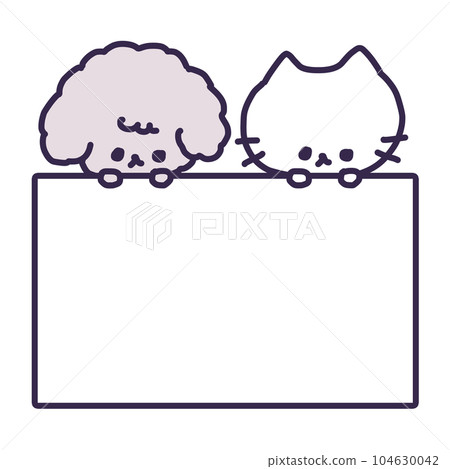 Illustration of a cute toy poodle dog and a white cat holding a white board 104630042