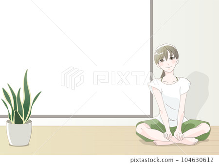 A sitting woman, a room with foliage plants Copy space A sitting woman, a room with foliage plants Copy space 104630612