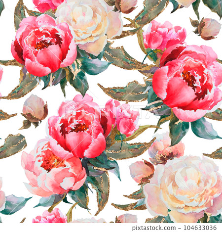 Watercolor floral seamless pattern with green leaves, pink peonies flowers, leaf branches. Wedding invitations, backgrounds, wallpapers, fashion, prints, fabric Watercolor floral seamless pattern with green leaves, pink peonies flowers, leaf branches. Wedding invitations, backgrounds, wallpapers, fashion, prints, fabric 104633036