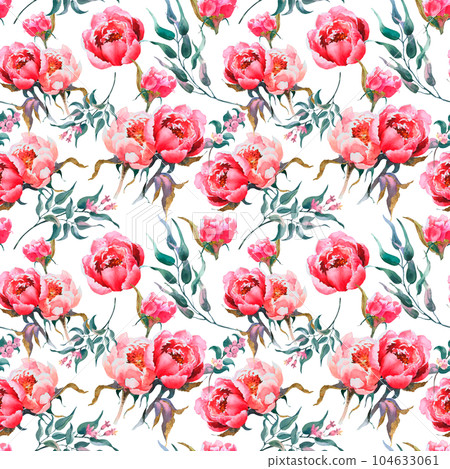 Watercolor floral seamless pattern with green leaves, pink peonies flowers, leaf branches on white background. Wedding invitations, backgrounds, wallpapers, fashion, prints, fabric Watercolor floral seamless pattern with green leaves, pink peonies flowers, leaf branches on white background. Wedding invitations, backgrounds, wallpapers, fashion, prints, fabric 104633061