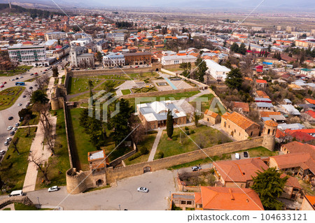 View from drone of Telavi overlooking Batonis Tsikhe fortress 104633121