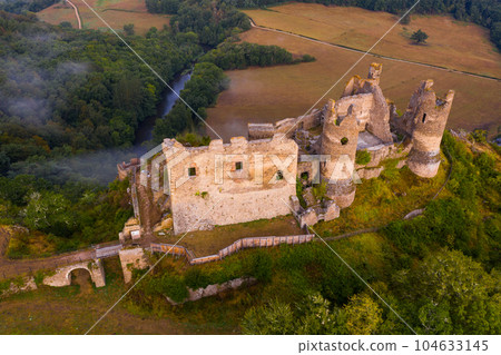 Aerial view of romantic ruins of Chateau Rocher, France 104633145