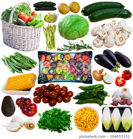 Colorful collage of fresh vegetables isolated on white Colorful collage of fresh vegetables isolated on white 104633151