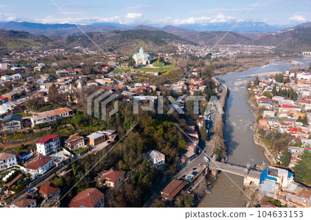 Aerial view of Kutaisi cityscape with Bagrati Cathedral in spring, Georgia 104633153