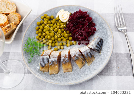 Cold smoked mackerel with beetroot and green peas Cold smoked mackerel with beetroot and green peas 104633221