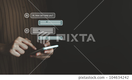 AI technology, Artificial Intelligence, Chatbot Chat and talk with AI, Using for search and find data by command prompt, robot learning machine create or generate picture or article auto 104634242